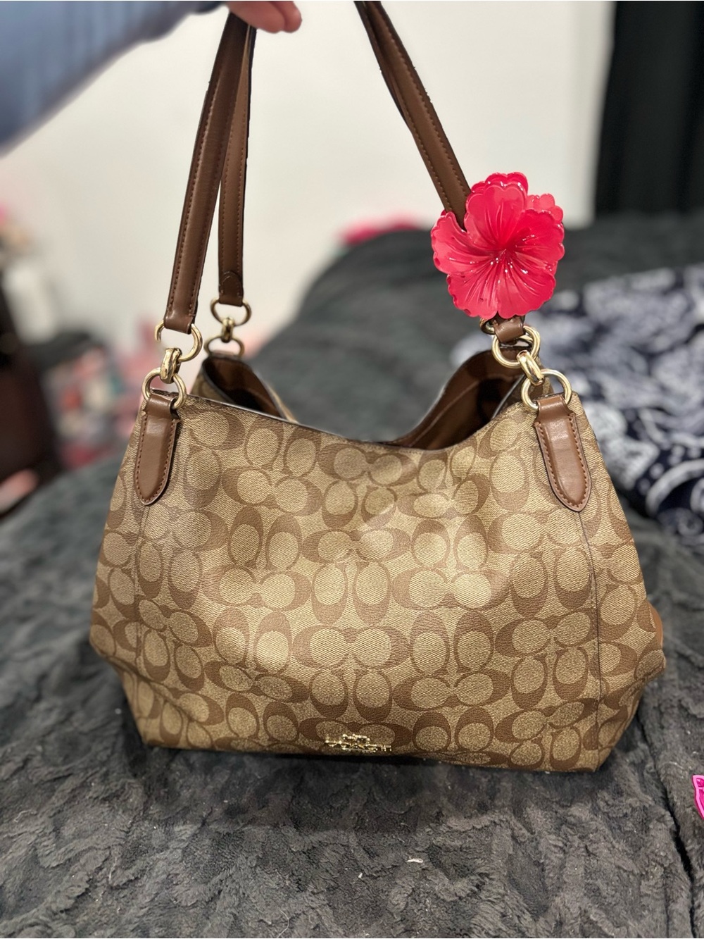 Coach Tan/Brown Signature Canvas Shoulder Bag with Leather Straps